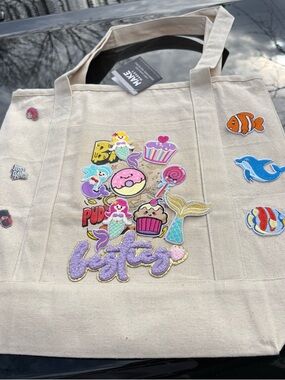Canvas Tote Bag with Colorful Mermaid & Sweets Patches - Beige